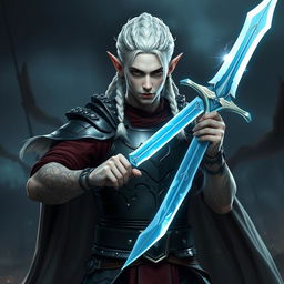 A male elf character embodying the battle warlock class, depicted in a serious battle stance