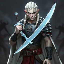 A male elf character embodying the battle warlock class, depicted in a serious battle stance