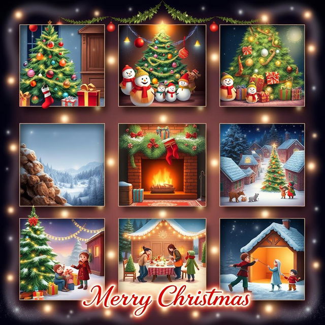 An animated Christmas poster featuring nine distinct sections or slots for photos