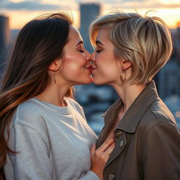 A close-up scene of two young women passionately French kissing, their faces close together, with soft light illuminating their smiles and the delicate details of their features