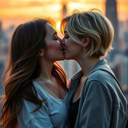 A close-up scene of two young women passionately French kissing, their faces close together, with soft light illuminating their smiles and the delicate details of their features