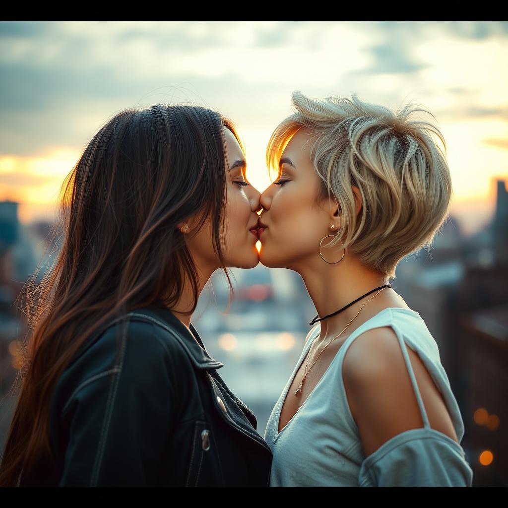 A close-up scene of two young women passionately French kissing, their faces close together, with soft light illuminating their smiles and the delicate details of their features