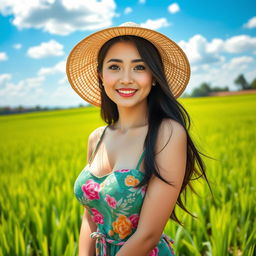 A beautiful Chinese farmer woman with impressively large, round breasts, confidently posing in a lush green rice field