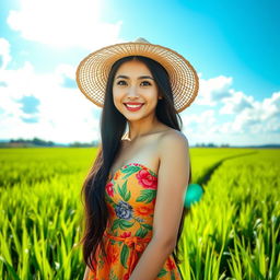 A beautiful Chinese farmer woman with impressively large, round breasts, confidently posing in a lush green rice field