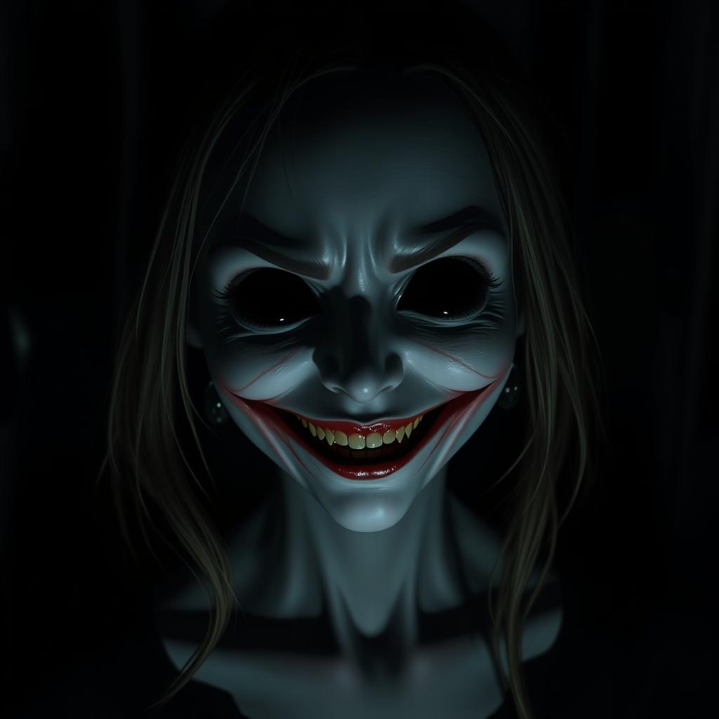 A character with a creepy, unsettling smile replacing her eyes with empty, dark voids