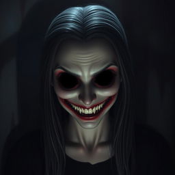 A character with a creepy, unsettling smile replacing her eyes with empty, dark voids