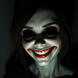 A character with a creepy, unsettling smile replacing her eyes with empty, dark voids
