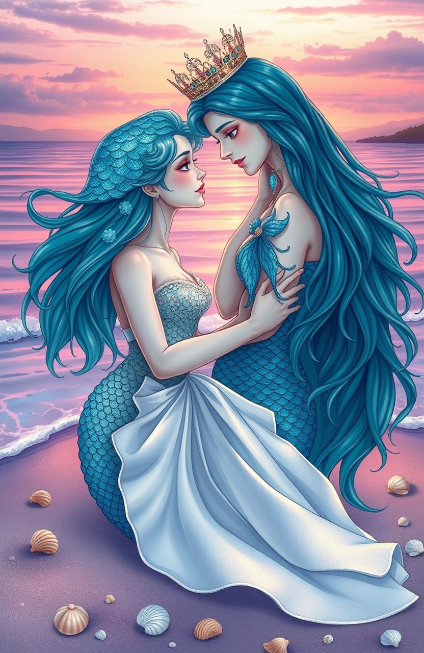 A beautiful and romantic illustration depicting a forbidden love story between a merfolk king and a human queen