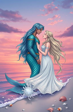 A beautiful and romantic illustration depicting a forbidden love story between a merfolk king and a human queen