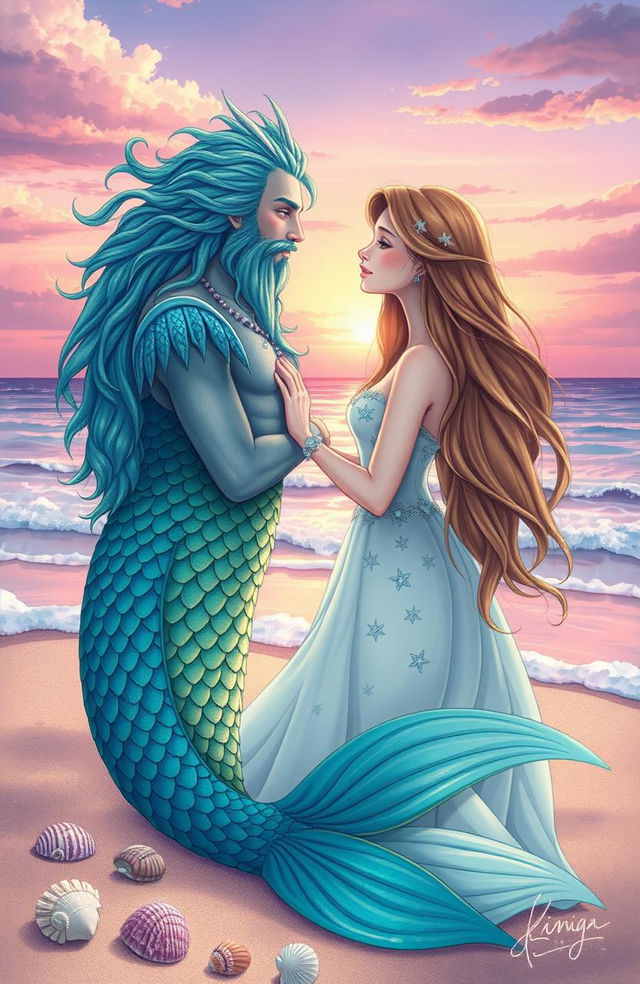 A beautiful and romantic illustration depicting a forbidden love story between a merfolk king and a human queen