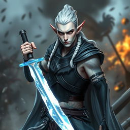 A male elf character, representing the battle warlock class, depicted in an intense battle stance showcasing his seriousness