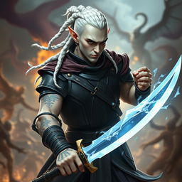 A male elf character, representing the battle warlock class, depicted in an intense battle stance showcasing his seriousness