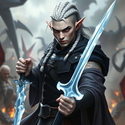 A male elf character, representing the battle warlock class, depicted in an intense battle stance showcasing his seriousness