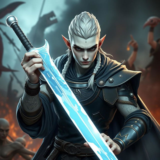 A male elf character, representing the battle warlock class, depicted in an intense battle stance showcasing his seriousness