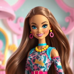 A beautiful large animated Barbie doll, showcasing a stylish and vibrant outfit with colorful accessories
