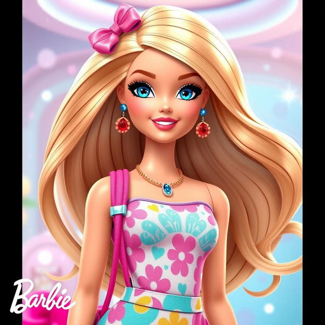 A beautiful large animated Barbie doll, showcasing a stylish and vibrant outfit with colorful accessories