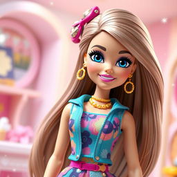 A beautiful large animated Barbie doll, showcasing a stylish and vibrant outfit with colorful accessories