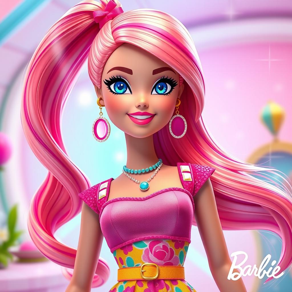 A beautiful large animated Barbie doll, showcasing a stylish and vibrant outfit with colorful accessories