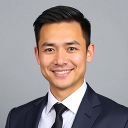 A realistic passport-sized portrait of a confident adult man in a professional suit