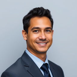 A realistic passport-sized portrait of a confident adult man in a professional suit
