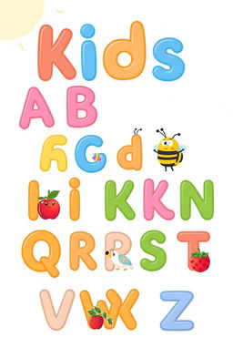 A colorful and engaging illustration of the English alphabet for kids, featuring each letter in a playful and friendly font