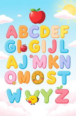 A colorful and engaging illustration of the English alphabet for kids, featuring each letter in a playful and friendly font