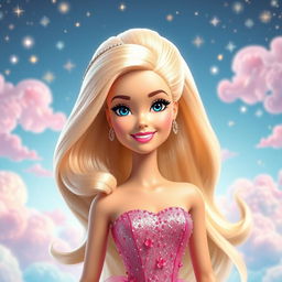 A stunning, large animated Barbie character with vibrant colors and classic Barbie aesthetics