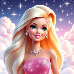 A stunning, large animated Barbie character with vibrant colors and classic Barbie aesthetics
