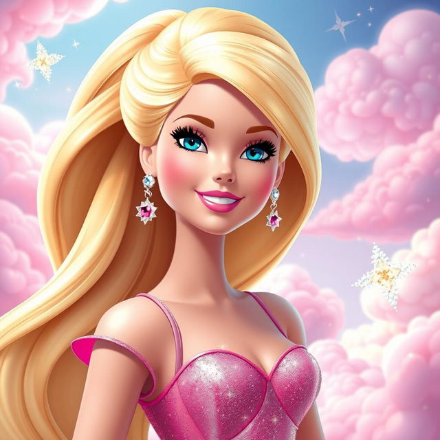 A stunning, large animated Barbie character with vibrant colors and classic Barbie aesthetics