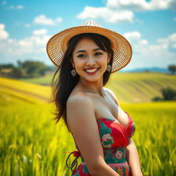 A captivating Chinese farmer woman showcasing her beauty with large, round breasts, confidently standing amidst a lush green rice field
