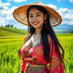A captivating Chinese farmer woman showcasing her beauty with large, round breasts, confidently standing amidst a lush green rice field