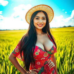 A captivating Chinese farmer woman showcasing her beauty with large, round breasts, confidently standing amidst a lush green rice field