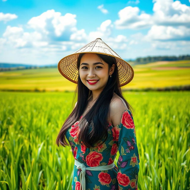 A captivating Chinese farmer woman showcasing her beauty with large, round breasts, confidently standing amidst a lush green rice field