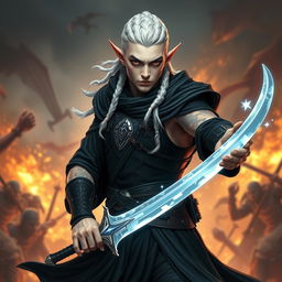 A male elf character designed as a battle warlock, posed in a serious battle stance