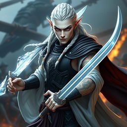 A male elf character designed as a battle warlock, posed in a serious battle stance