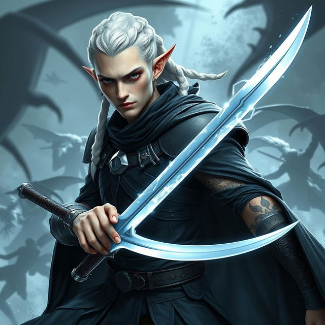 A male elf character designed as a battle warlock, posed in a serious battle stance