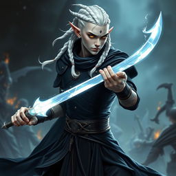 A male elf character designed as a battle warlock, posed in a serious battle stance