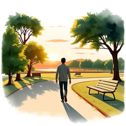 A stylized illustration of a serene landscape featuring a lone figure walking through a quiet park