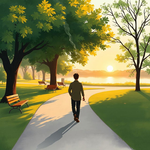 A stylized illustration of a serene landscape featuring a lone figure walking through a quiet park