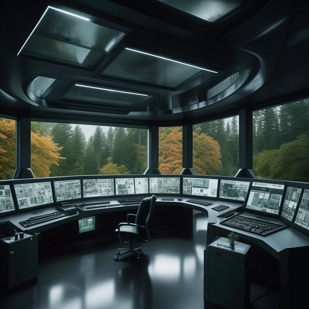 A futuristic glass penthouse office styled as a penitentiary control room, equipped with advanced audio tools, and offering a forest view through its windows. The design takes cues from the architecture mentioned in the provided link.