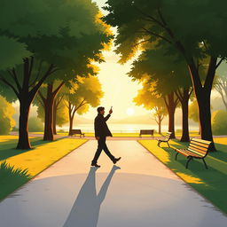 A stylized illustration of a serene landscape featuring a lone figure walking through a quiet park