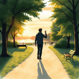 A stylized illustration of a serene landscape featuring a lone figure walking through a quiet park