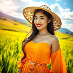 A stunning Chinese farmer woman with large, round breasts, confidently standing in a lush green rice field