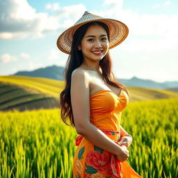A stunning Chinese farmer woman with large, round breasts, confidently standing in a lush green rice field