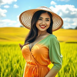 A stunning Chinese farmer woman with large, round breasts, confidently standing in a lush green rice field