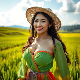 A stunning Chinese farmer woman with large, round breasts, confidently standing in a lush green rice field