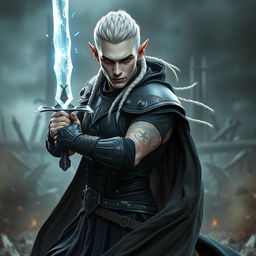 A striking male elf character designed as a battle warlock, positioned in a serious battle stance, ready for combat
