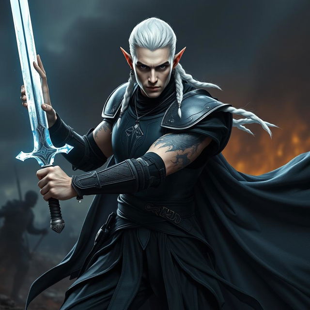 A striking male elf character designed as a battle warlock, positioned in a serious battle stance, ready for combat