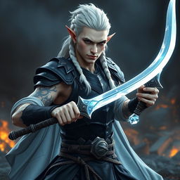 A striking male elf character designed as a battle warlock, positioned in a serious battle stance, ready for combat