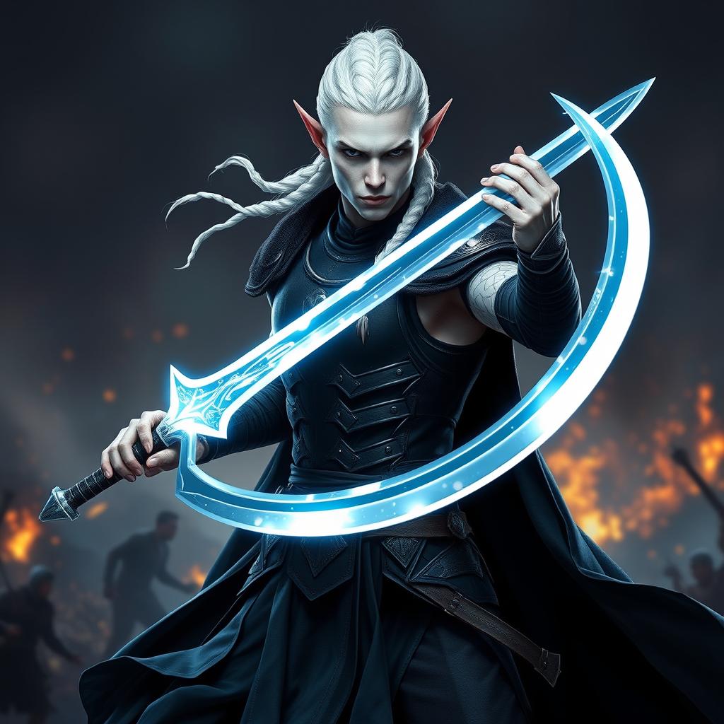 A striking male elf character designed as a battle warlock, positioned in a serious battle stance, ready for combat